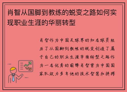 肖智从国脚到教练的蜕变之路如何实现职业生涯的华丽转型