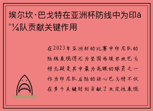 埃尔坎·巴戈特在亚洲杯防线中为印尼队贡献关键作用 埃尔坎·巴戈特在亚洲杯防线中为印尼队贡献关键作用